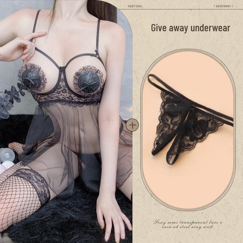 Transparent Erotic Lingerie Set with Underwire and Open Crotch - Removable Sleep Dress for Small Chest