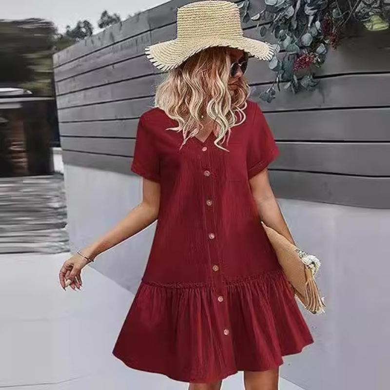 Women's Summer Cotton Linen Dress, Loose Button Down V Neck Short Sleeve Ruffle Hem Casual Dress with Pockets