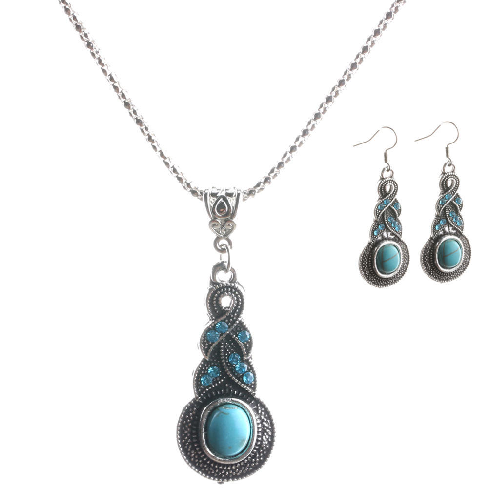 Vintage Elegant Retro Turquoise Dangel Hook Earrings & Necklace Jewelry Sets