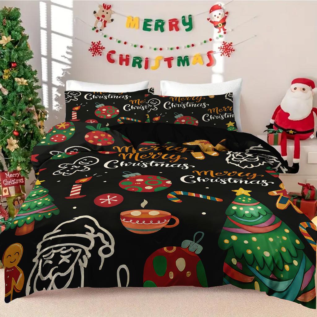 3pcs Merry Christmas Print Coreless Duvet Cover Set Multiple Sizes for Bedrooms Dormitories Soft Comfortable, Machine Washable