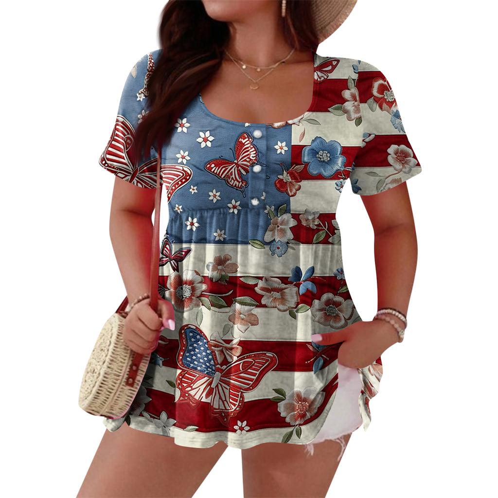Women's Fashionable Casual Short Sleeve Loose Fit Button Front Printed Blouse