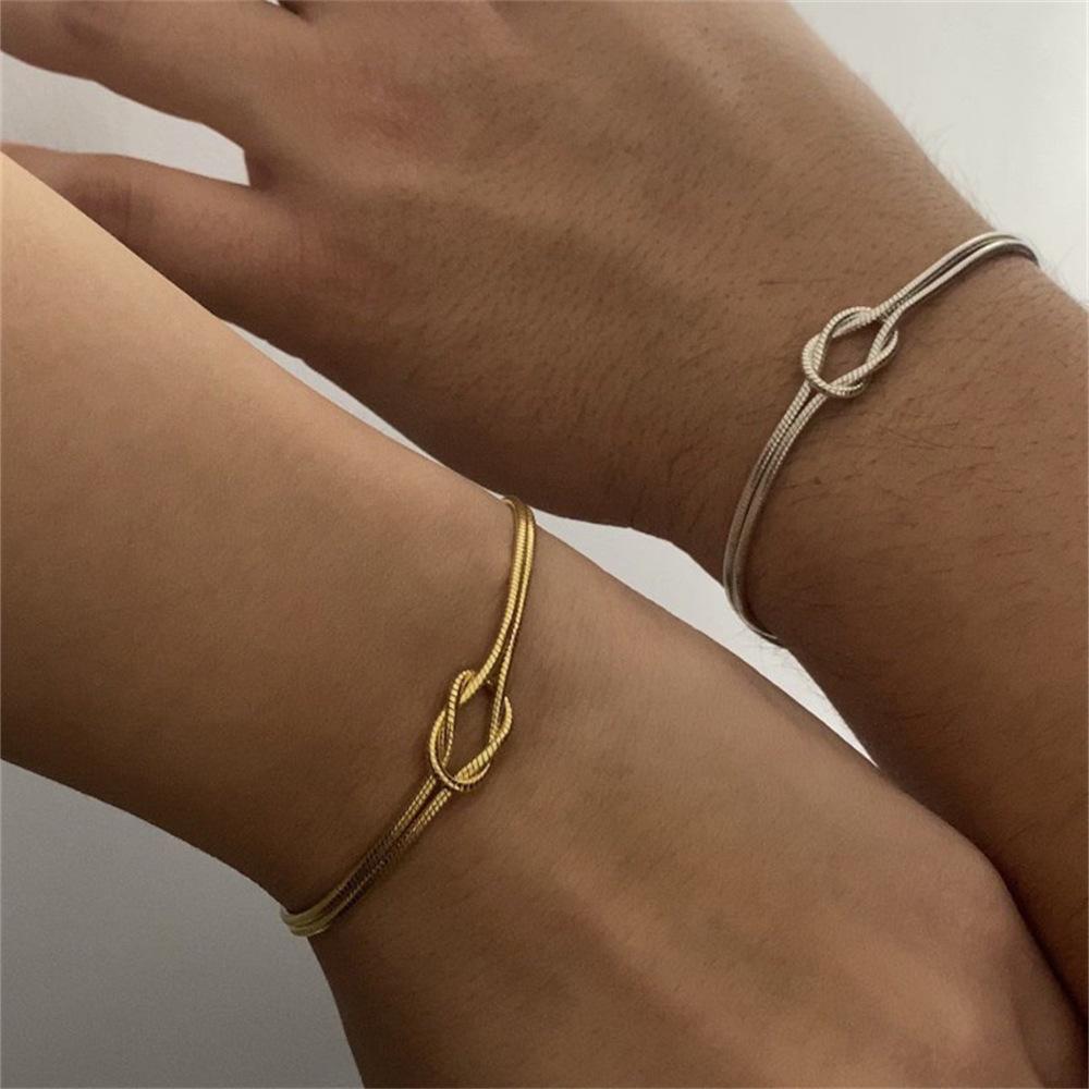2Pcs Fashion Stainless Steel Couple Bracelet for Women Men Simple Knot Snake Chain Adjustable Bracelets Unisex Jewelry Gifts