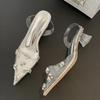 Fashion Silver PVC Transparent Women Pumps CRYSTAL Diamond Pointed Toe Low Heels Mules Banquet Ladies Sandals