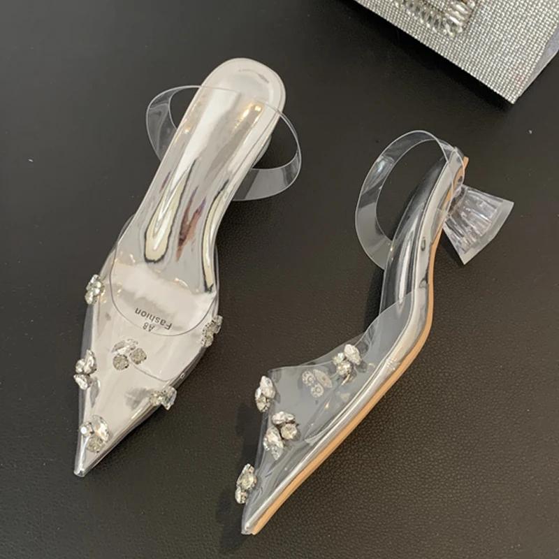 Fashion Silver PVC Transparent Women Pumps CRYSTAL Diamond Pointed Toe Low Heels Mules Banquet Ladies Sandals