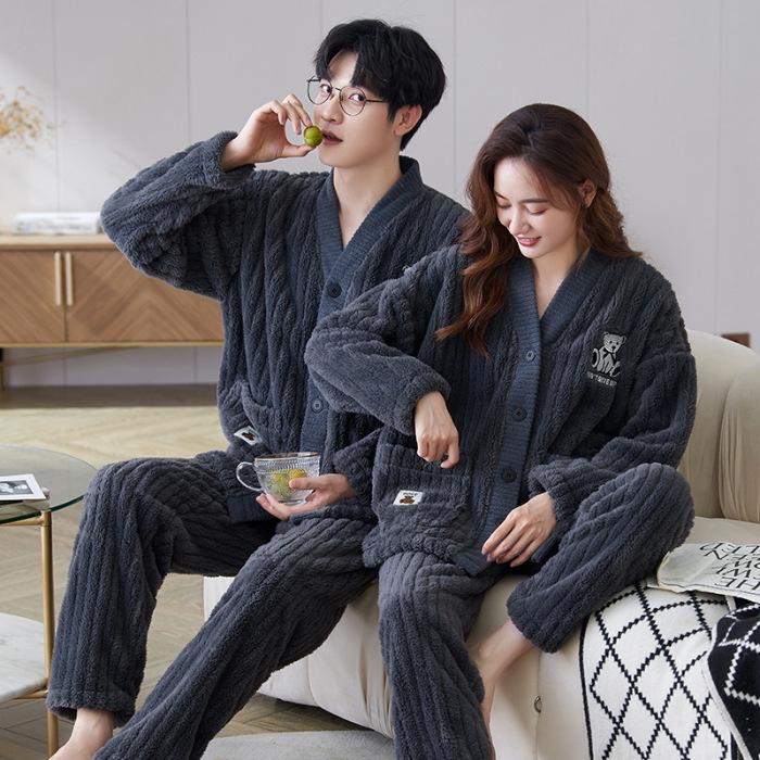 Couple Pajamas Women'S Coral Fleece Winter Thickened Fleece Cardigan Autumn And Winter Flannel Men'S Loungewear Set