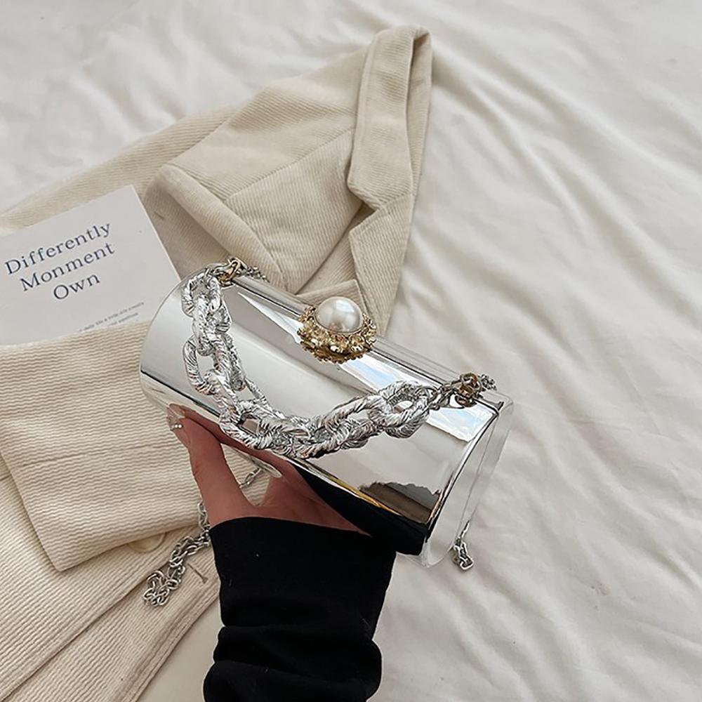 Light Luxury Party Women's Clutch Bag Temperament Versatile Chain Handbag New Bright Face Cylinder Single Shoulder Crossbody Bag