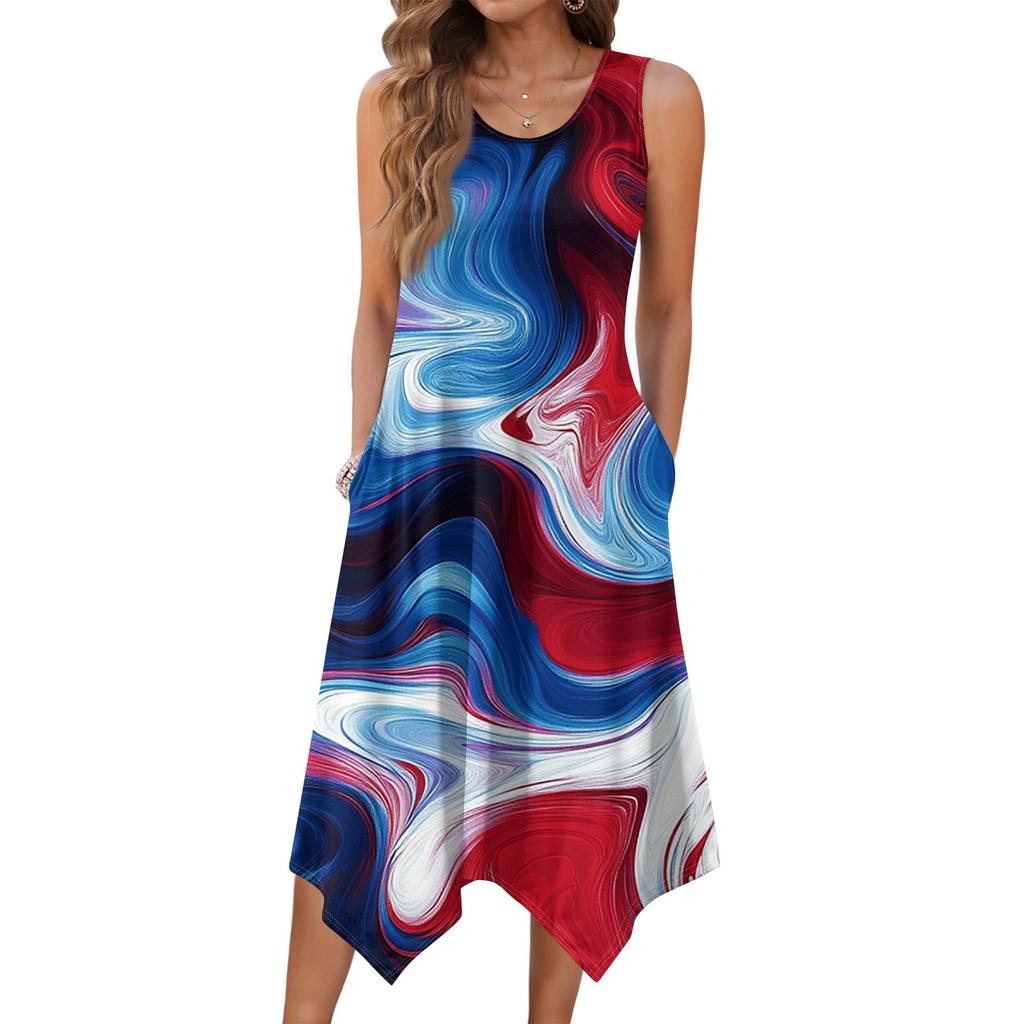 Damen Freizeitkleid für den Sommer, Tankkleid, lockeres Strandkleid mit Taschen, ausgestelltes Midi-Sommerkleid