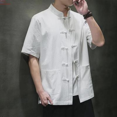 Herren Sommer Leinen Kurzarmhemd im chinesischen Stil, Retro Tang Anzug, lockere Passform, Baumwollmischung