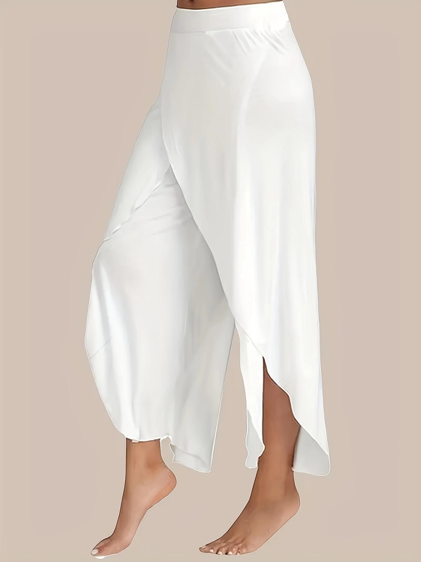 Women Summer Casual Flowy Solid Split Wide Leg Long Pants S белый