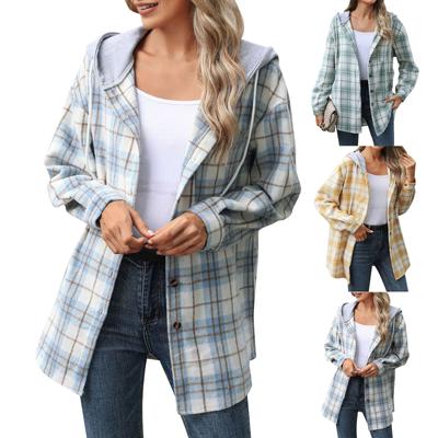 Women's Casual Fashion Plaid Color Clashing Hooded Long-sleeved Loose Tweed Jacket