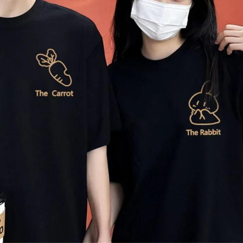Korean Street Style Cotton Couple Valentines Tshirt Cartoon Cute Rabbit Carrots Print Unisex Women Top Streetwear Kawaii Clothes