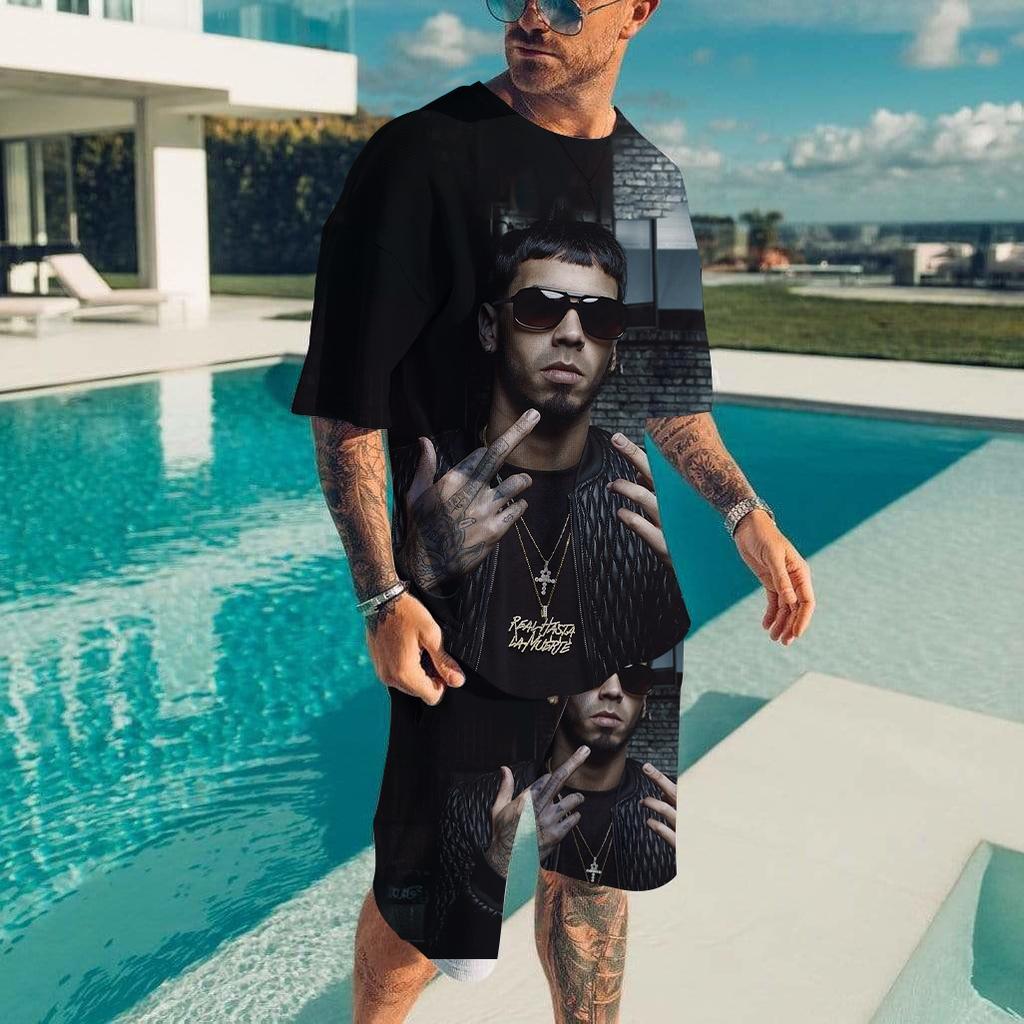 Men T-shirt Sets Rapper Anuel AA 3D Print Fashion Tracksuit T Shirts Shorts 2 Pieces Male Streetwear Oversized Suits Sportswear
