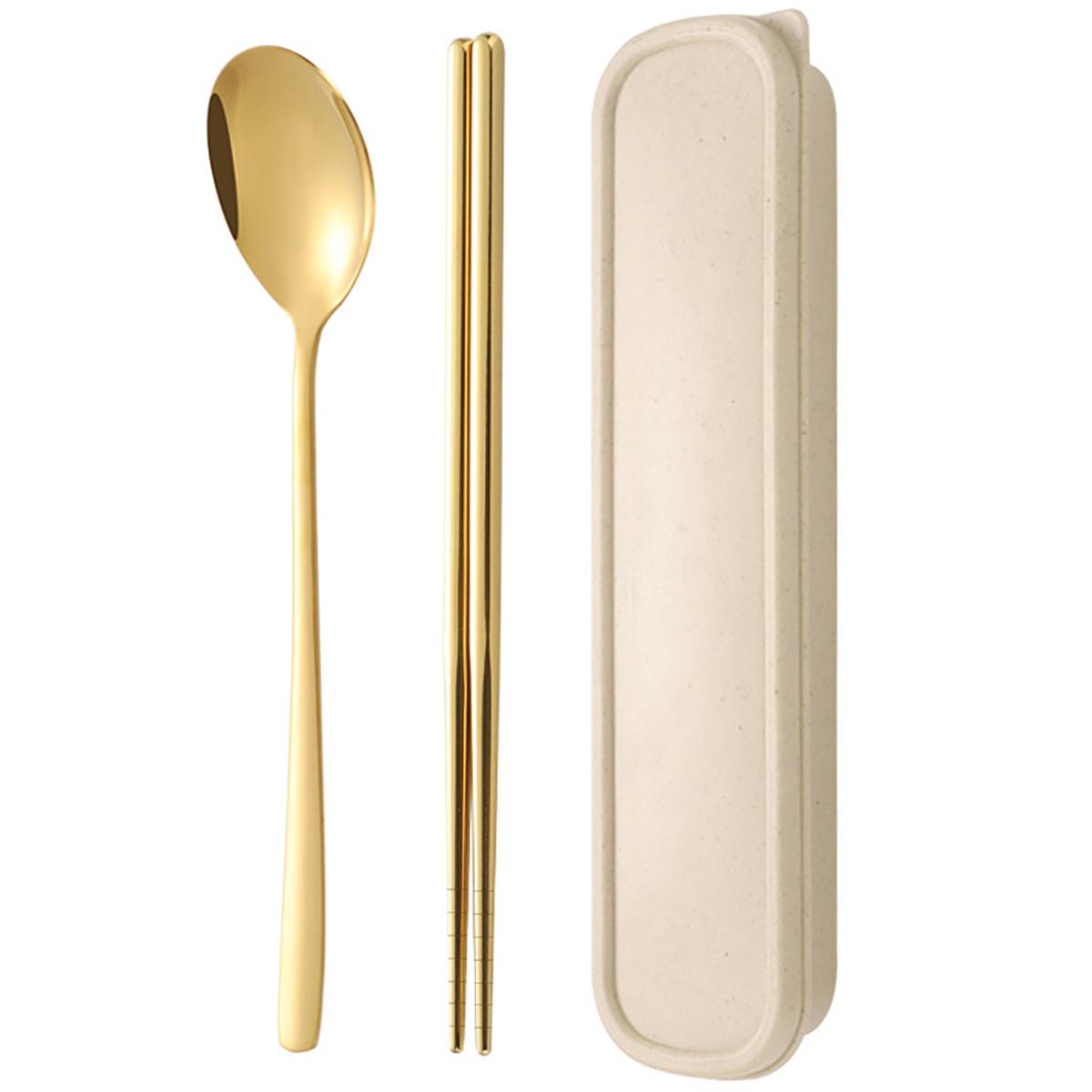 

Набор столовой посуды розовое золото 2 шт. Палочки ложка набор столовых приборов с коробкой для хранения Нержавеющая сталь Столовые приборы Портативная корейская посуда золотой
