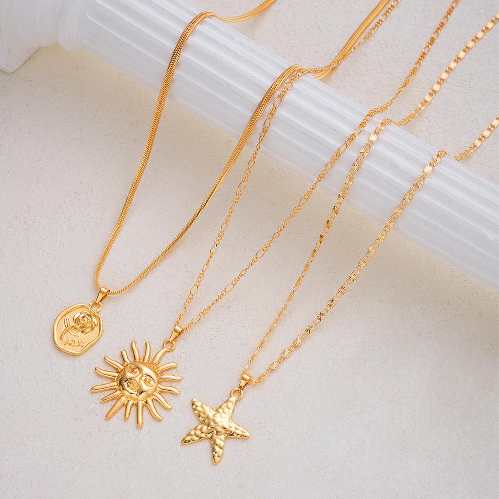 3 Pcs Fashion Sun Starfish Pendant Neckalce Set for Women Bohemia Beach Simple Roseflower Copper Metal Choker Necklace Jewelry