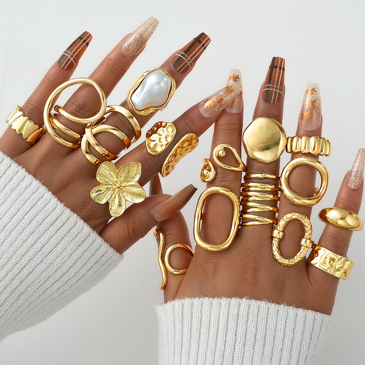 

16pcs Gold Color Irregular Pearl Flower Rings Set For Women Fashion Boho Chunky Stackable Rings Party Daily Wear Jewelry Gifts