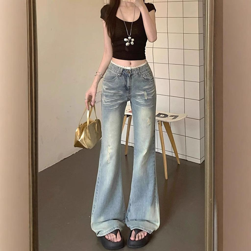 Fashionable Comfortable Versatile Young Ins Retro Jeans Women Lace Lace Low Waist Slimming Thin Micro Flare Trousers Jeans for Women Long Denim Pants