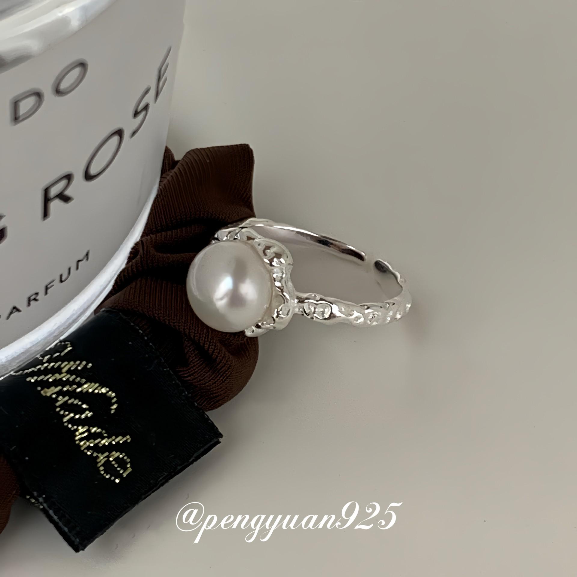 Sterling Silver Freshwater Pearl Adjustable Ring - Light Luxury Niche Design with Tin Foil Texture for Women. Open Adjustable