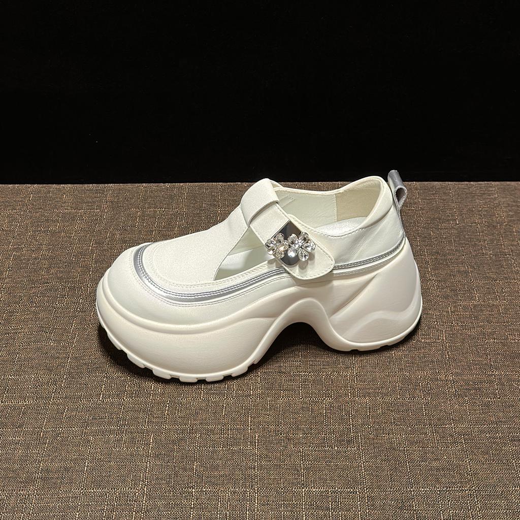 Soft Leather Thick Sole Heightening Leather Surface Single Shoes In the Autumn of 2025 New Breathable Slope Heel Casual Hollow White Shoes Women's Sh