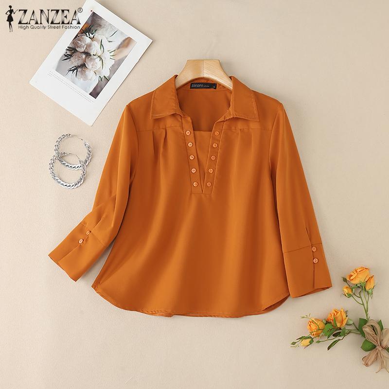 ZANZEA Women Turn Down Collar Solid Color Casual 3/4 Sleeve Blouse