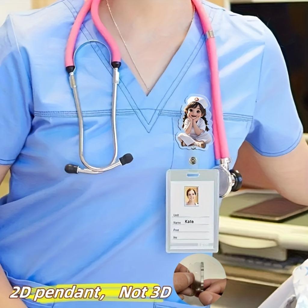 Cartoon Smiling Nurse 2D Flat Acrylic Retractable ID Clip, Sturdy Badge Holder For Nurses And Medical Learners, Essential Daily Nurse Accessory