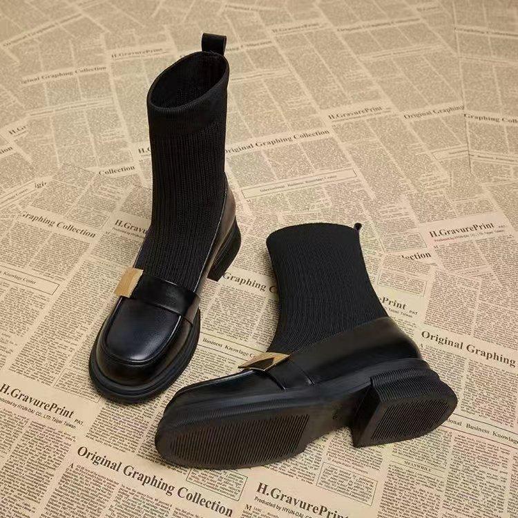 

Женские вязаные стрейчевые ботильоны в уличном стиле 2024 года с металлической пряжкой и бархатной подкладкой 40