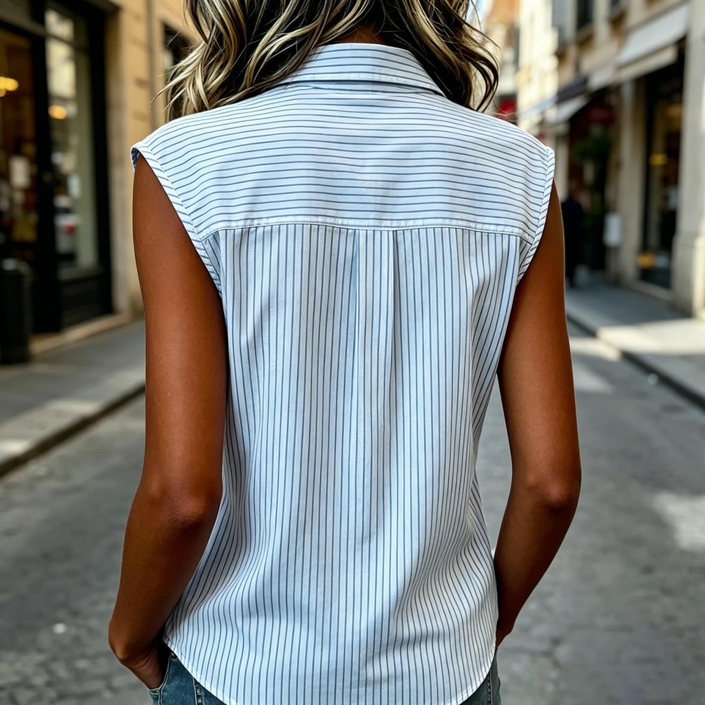 Women’s Collared Button Down Striped Sleeveless Shirt Casual Vertical Stripe Lapel Blouse Top for Daily Wear Office School
