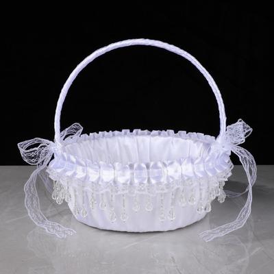 Cesta de Flores de Encaje Blanco de Mano con Lazo y Cinta Cesta para Niña de las Flores Colocación de Regalos Cesta de Decoración de Boda de Satén Decoración para Fiestas y Hogar