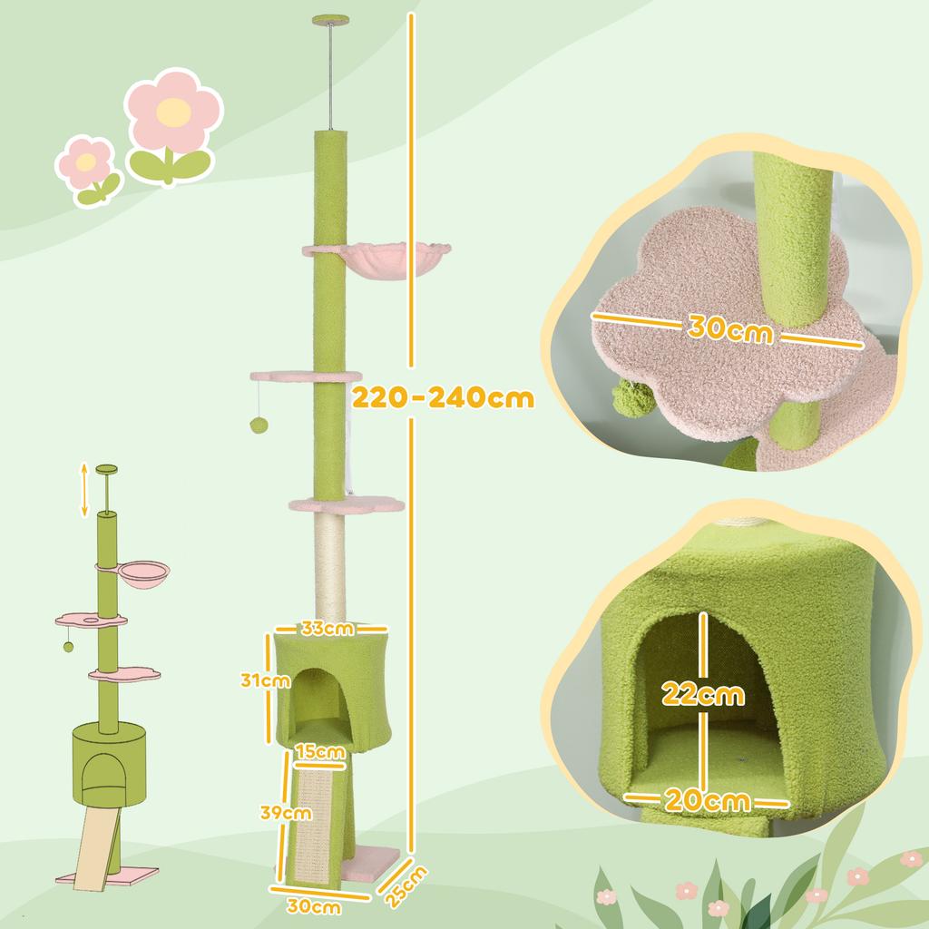 Floor-to-Ceiling Cat Tree, 5 Levels 220-240 Cm, Flower Platforms, Den, Hammock, Green