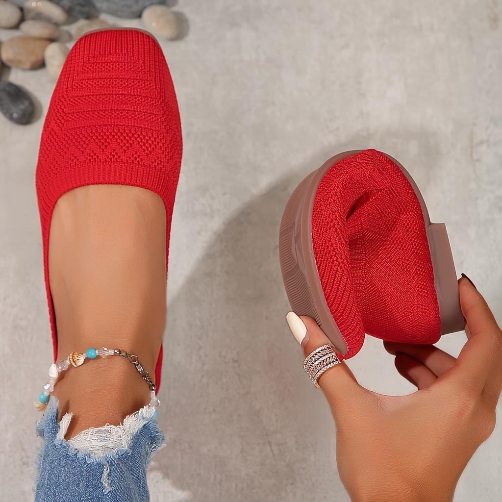 Women's Woven Flat Casual Shoes, Solid Color, Home and Outdoor, Fly Woven Breathable Single Shoes, Soft Sole Flat Shoes, Square Toe Casual Shoes