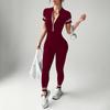 Cross-Color Yoga Jumpsuit: Short Sleeve, Zipper, Nine-Point Design for Women