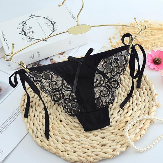 Women Thong Floral Embroidery Hollow Out Bow Decor See-through Lace Briefs Low Waist Elastic Wedding Night Bedroom Lady Underpants
