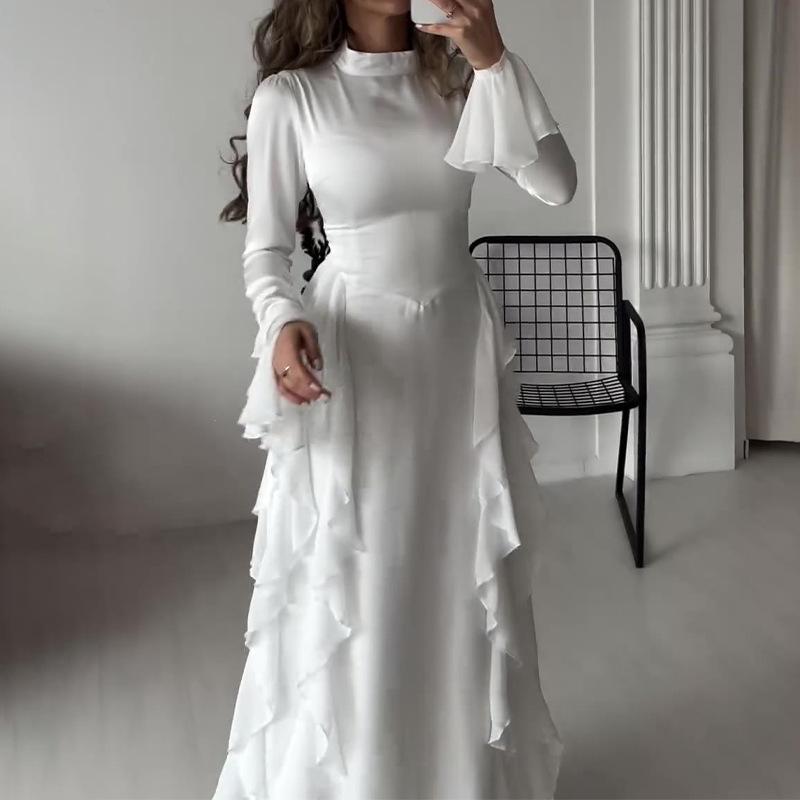 Vestido de Noche Maxi de Satén para Mujer con Cuello Alto, Mangas Largas, Puños Acampanados, Volantes y Cintura Alta, Corte Entallado