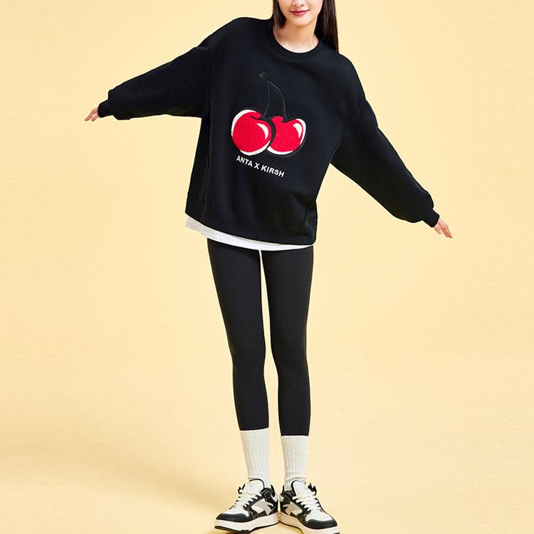 Anta X Kirsh Life Series Year Of The Dragon Cherry Letter Round Neck Pullover Fleece Sweatshirt Women sweatshirt Black 962348720-4