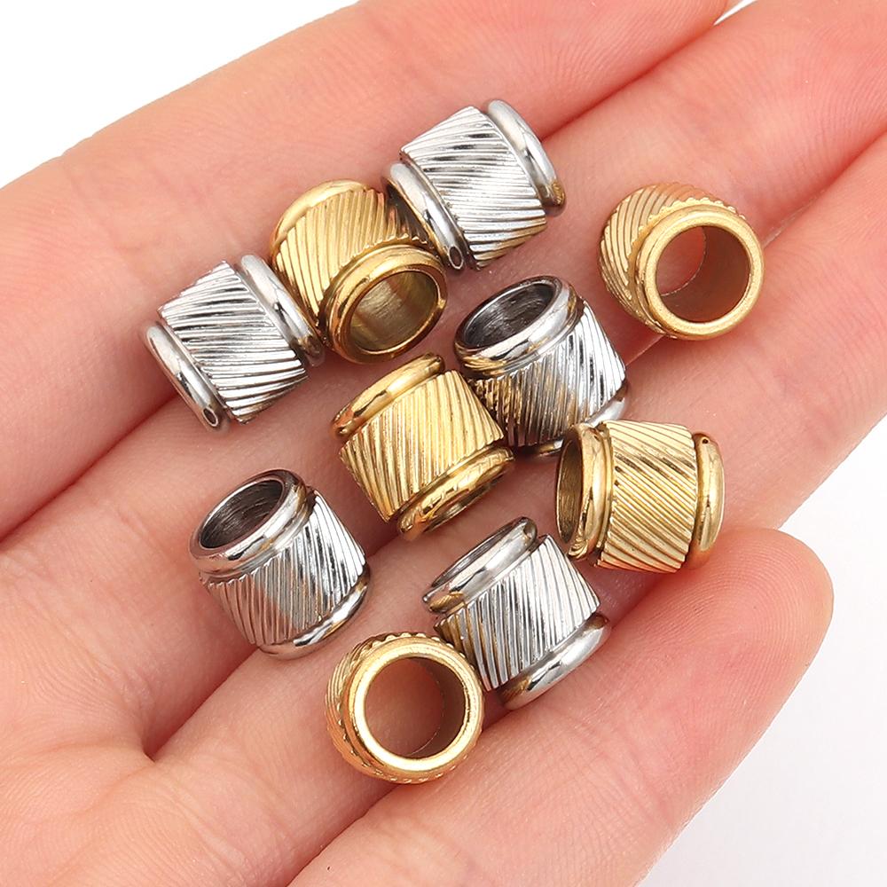 5-10pcs Stainless Steel Big Hole Beads Cylindrical Texture Loose Spacer Beads For Jewelry Making DIY Necklace Bracelets Supplies