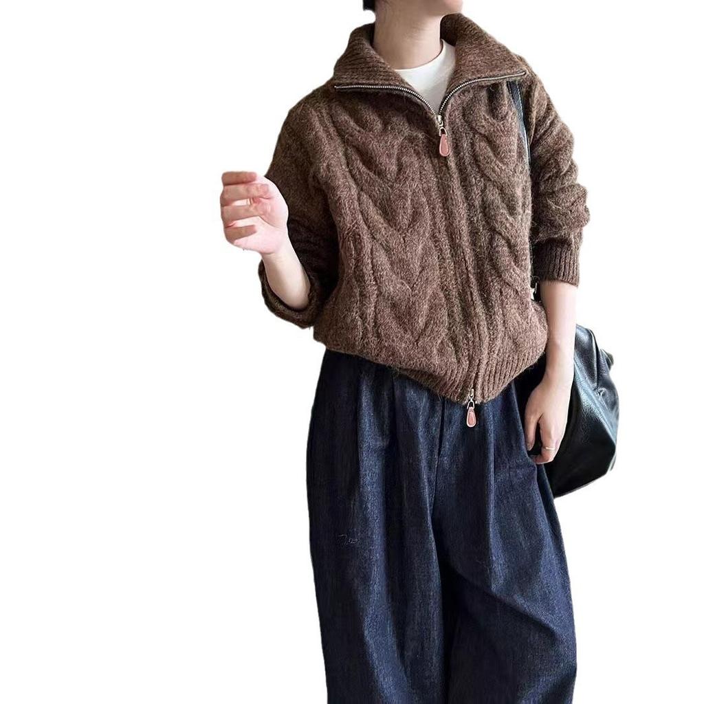 Vintage Twist Double Zipper Sweater Women's Soft Waxy Plush Thick Needle Knitted Top Women