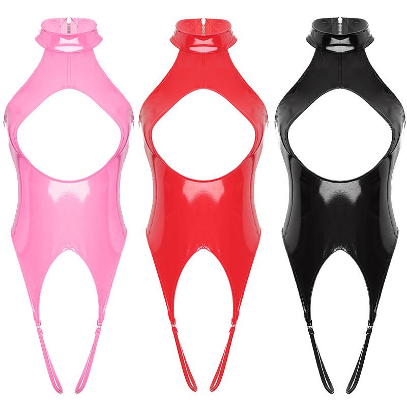 Kvinner Latex Clubwear Nattklubb Pole Dance Costume Cutout Front Skrittløs Bodysuit Halter Backless Jumpsuit