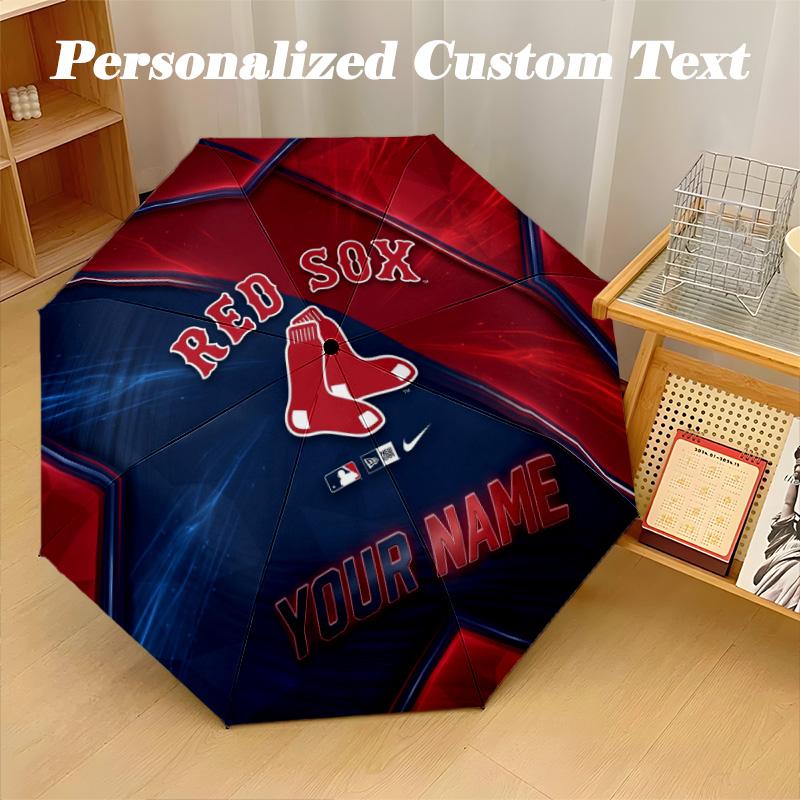 Boston Red Sox Automatic 8‑ribs Umbrella, Custom Name Text Personalized Folding Umbrella Rain Sun Gift