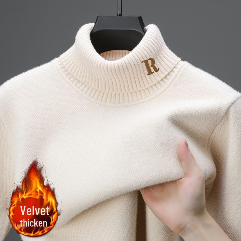 Men's Thick Velvet Sweater - High Collar, Solid Color, Winter Knit Base Layer