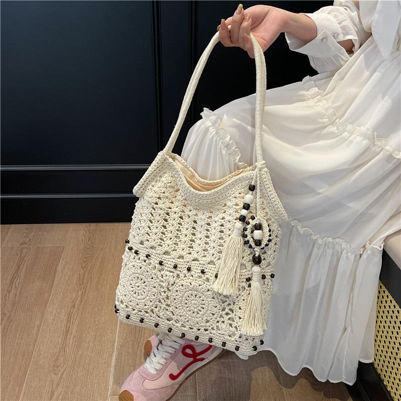 Bolso Tejido Hecho a Mano para Mujer, Bolso Sencillo de Viaje para Playa, Bolso de Hombro Único de Color Sólido con Cuentas Huecas y Borla