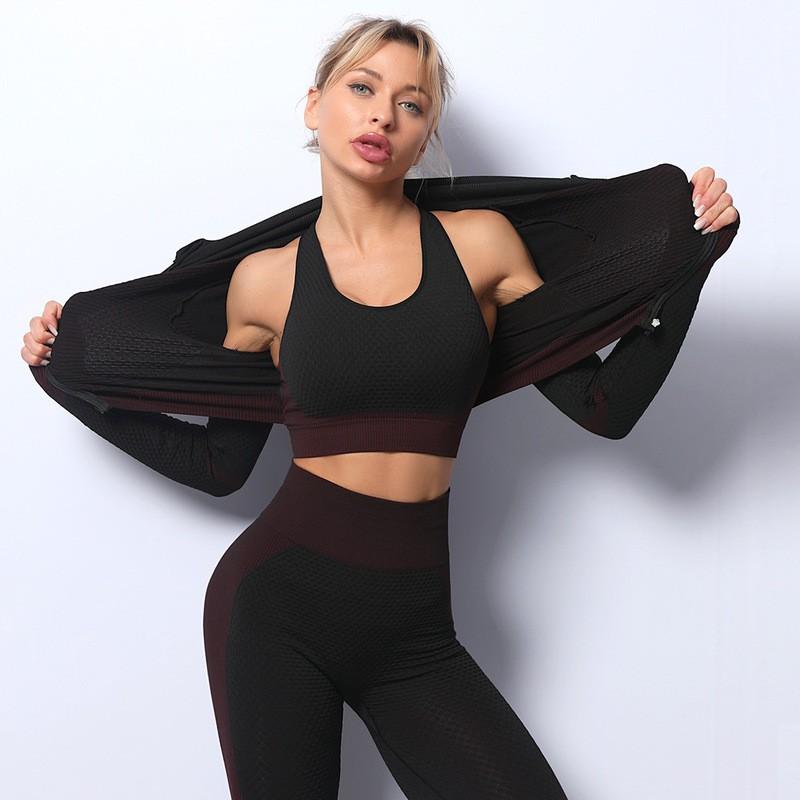 Womens 3-Piece Yoga Set With Built-in Bra Top Long Sleeve Jacket High-Waisted Leggings Gym Running Dance