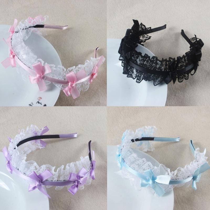 Women Mesh Ruffles Lace Headdress Lovely Ribbon Bowknot Headband Maid Anime Cosplay Gothic Novelty Hair Hoop Props