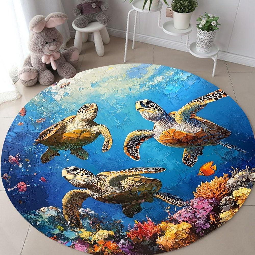 Underwater World Round Rug Ocean Theme Turtle Print Colorful Coral Pattern Carpet Art Illustration Non-Slip Kid's Room Floormat