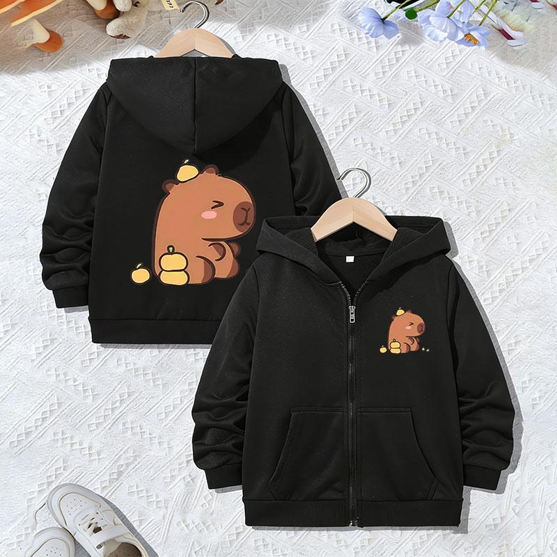 Fashionable Casual Hoodie Capybara Jacket for Boys Girls Zipper Spring and Autumn Trendy Children's Cartoon Zip Up Weatshirts