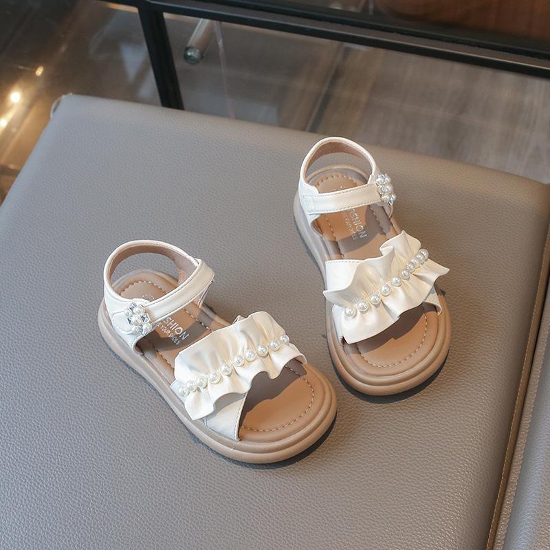Kinder Silber Perlen Rüschen Dekor Verstellbare Sandalen mit offenem Zehen