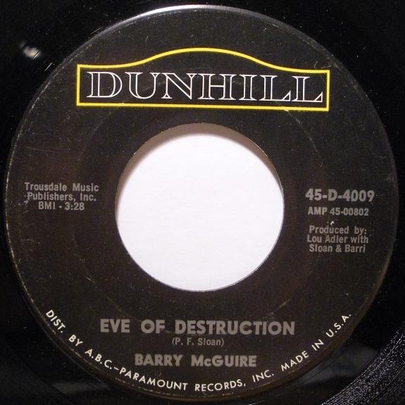 

7inch Record BARRY MCGUIRE - Eve Of Destruction 45D4009 Dunhill 1965 US Rock Used
