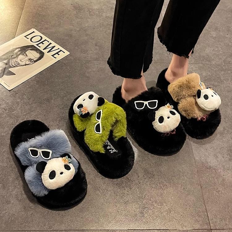 Fashion fluffy panda slippers women's new models in summer 2025 women's outer wear thick-soled home comfortable fluffy shoes women