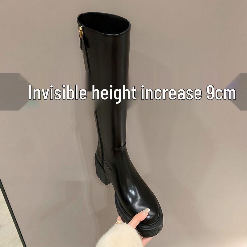 Genuine Leather Women's Knee-High Boots, Inner Height Increase, Thick Sole, High Heel, Velvet Lined, Small Size, Autumn/Winter.
