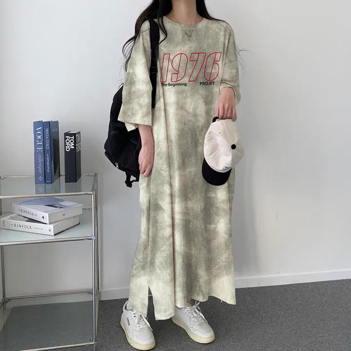 

Korean Tie-Dye T-Shirt Dress - Versatile Spring/Summer 2024 Fashion Medium зелений