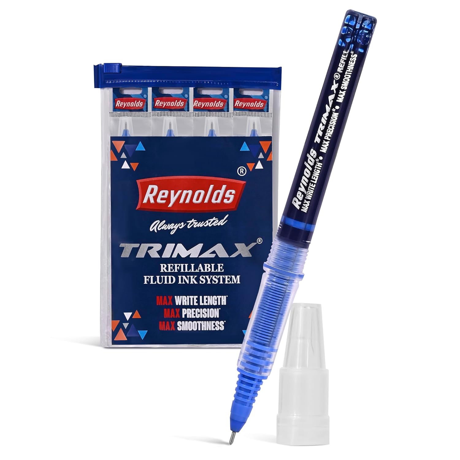 Reynolds TRIMAX Rollerball Pen Refills Set Pack of 1 x  4 Refills Blue 0.5 mm Tip for Office, School & Home Writing