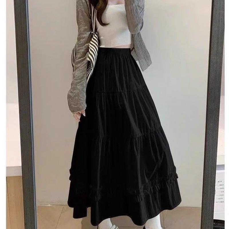 Dámská vrstvená dřevěná krajková midi sukně - Jarní/letní áčkový střih s všestranným elastickým pasem